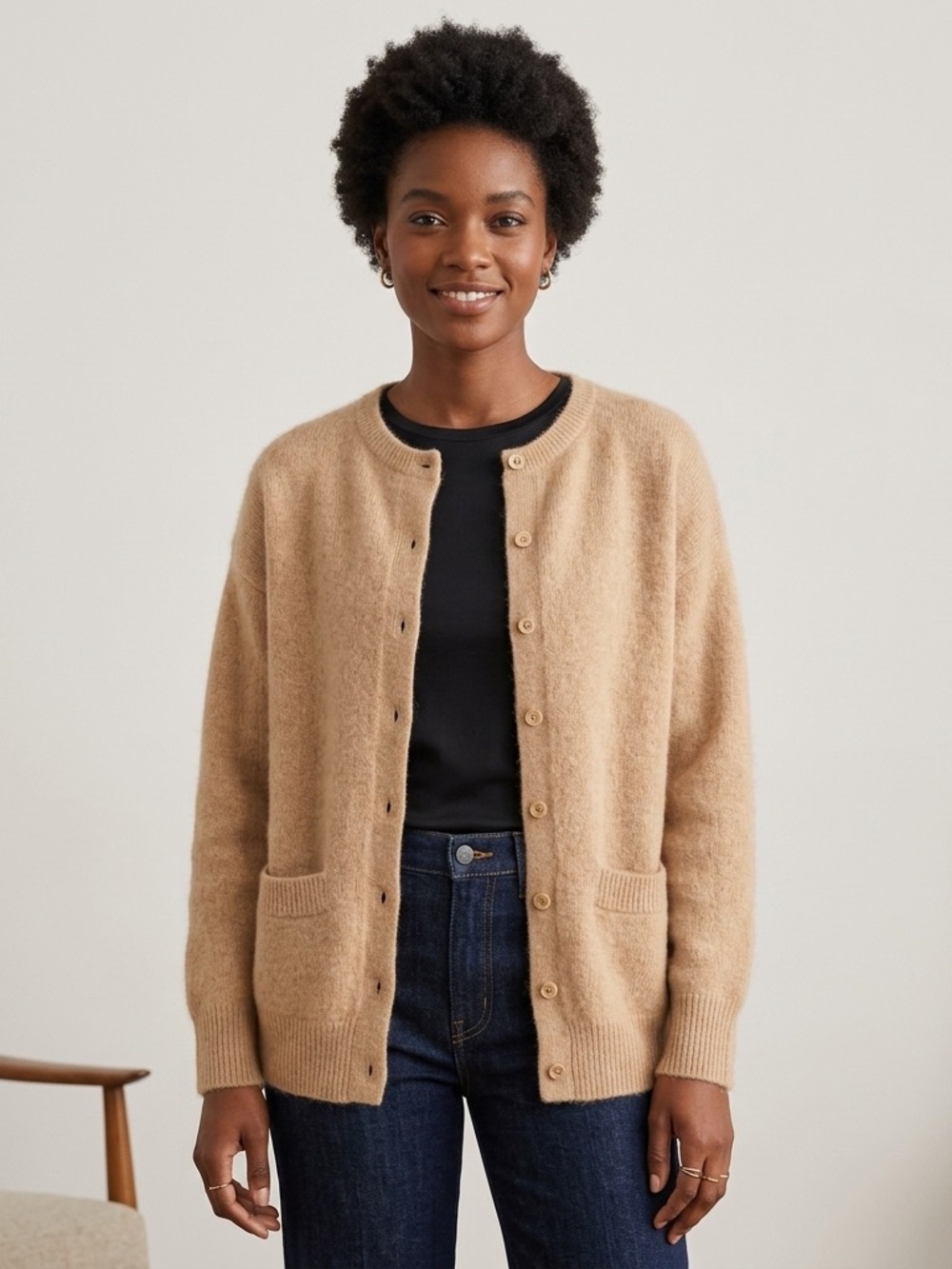 Cozy Mohair Blend Cardigan with Pockets, Camel Medium Large